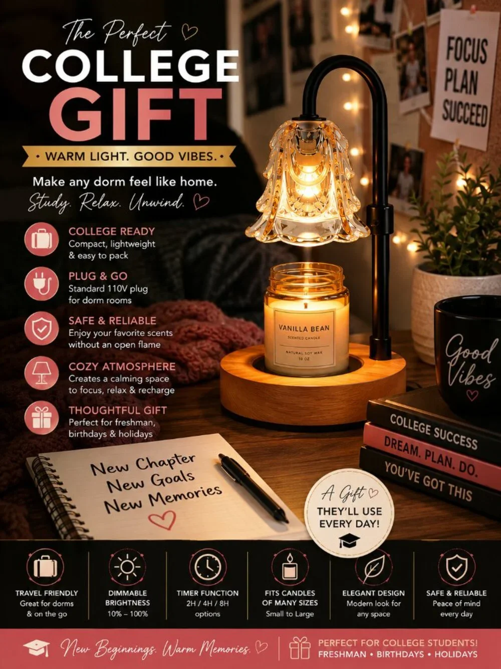 Adjustable Candle Warmer Lamp with Dimmer | Polished Wood Base Tabletop Wax Warm
